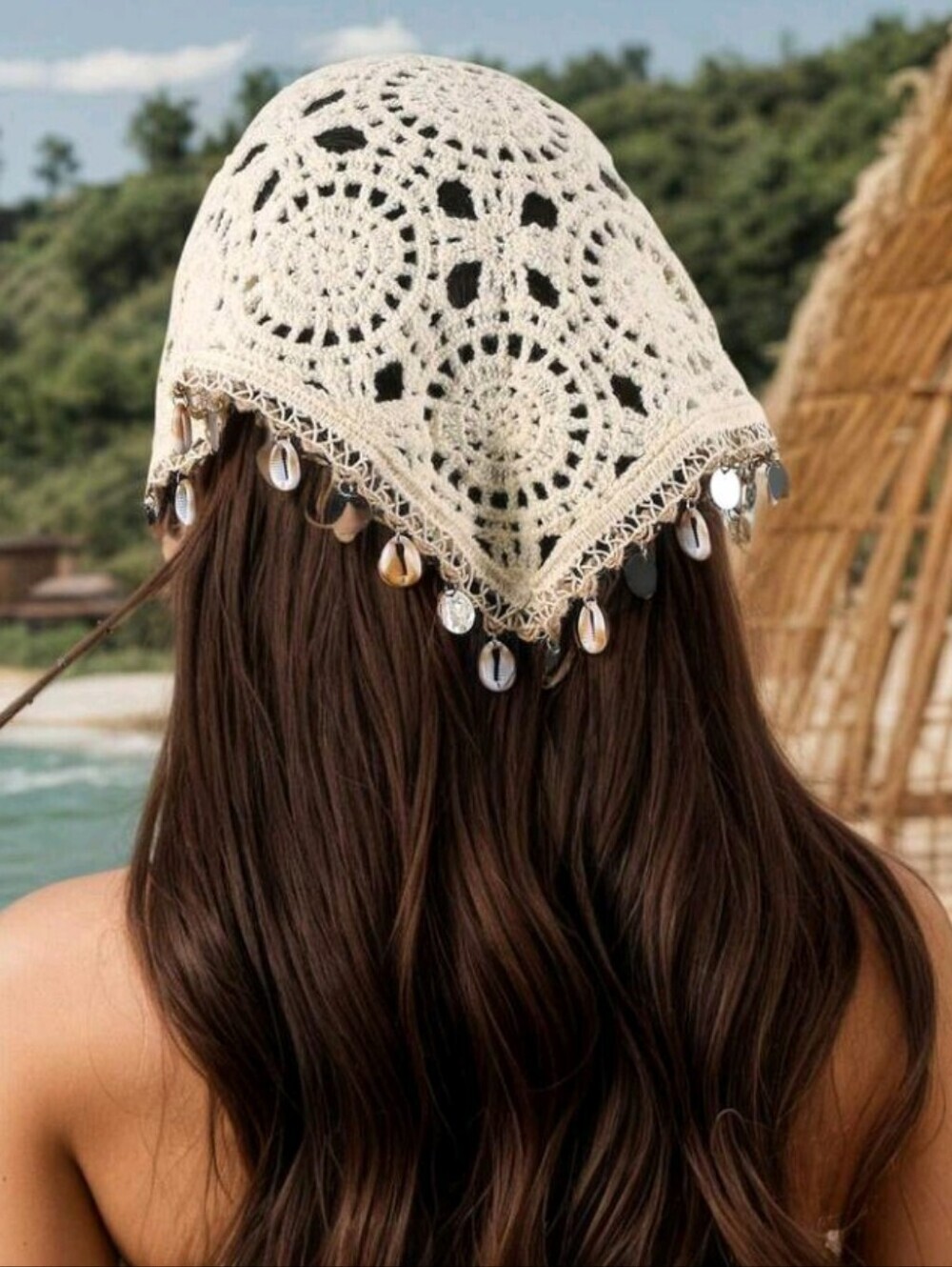 Boho Cream Crochet Bandana Shell Silver Accent Scarf Summer Festive Beach